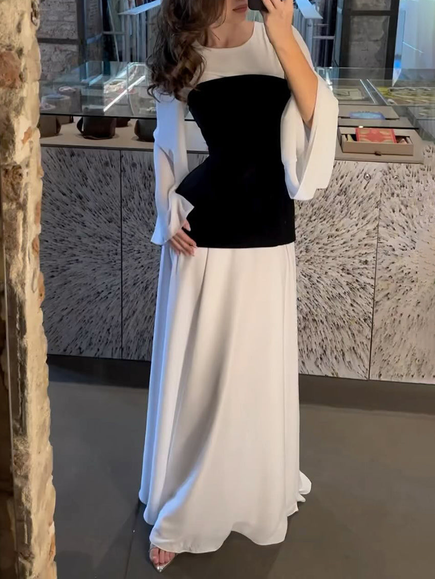 Flared Sleeves Contrast Color Round-Neck Maxi Dresses