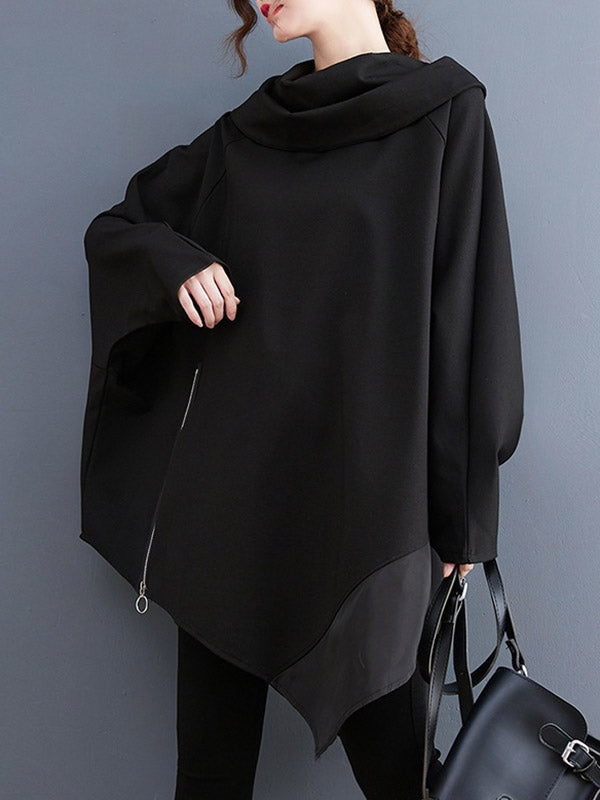 Asymmetric Split-Joint Zipper Long Sleeves Loose Heaps Collar Sweatshirt Tops