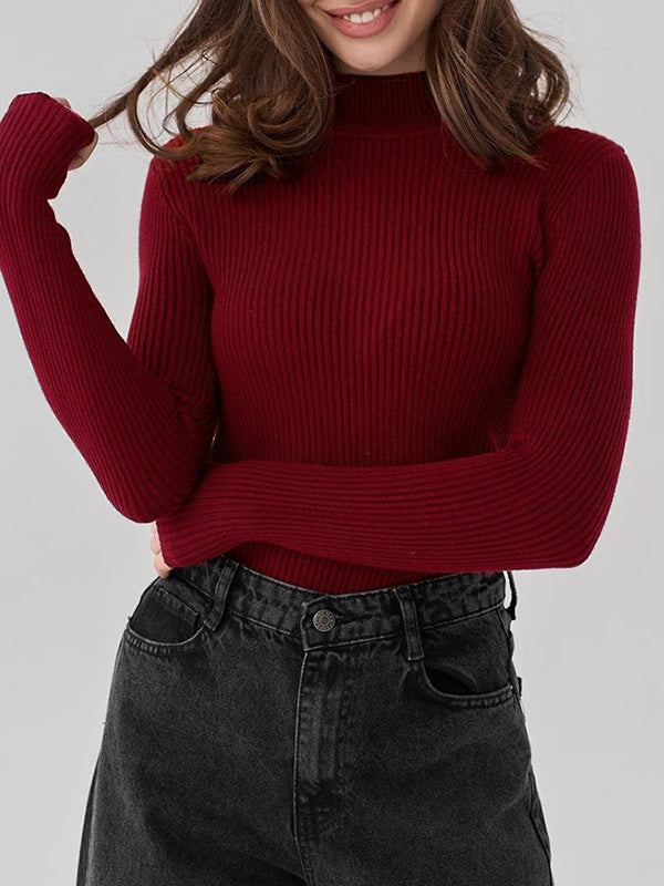 Solid Color Split-Joint Long Sleeves Skinny High Neck Sweater Tops