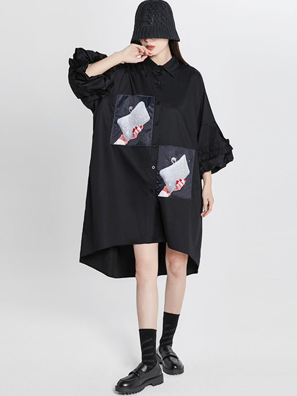 Loose High-Low Irregular Applique Shirt Dress Midi Dress