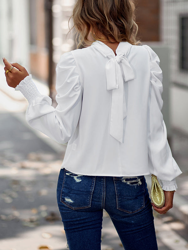 Pleated Solid Color Bishop Sleeve Long Sleeves Mock Neck Blouses&Shirts Tops