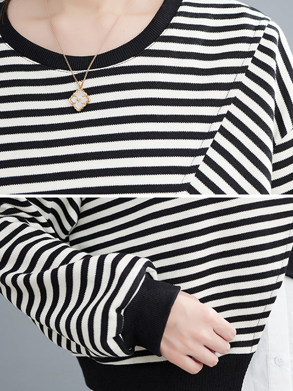 Original Long Sleeves False Two Striped Round-Neck Hoodies&Sweatshirt Tops