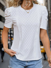 Solid Color Textured Loose Puff Sleeves Round-Neck T-Shirts Tops