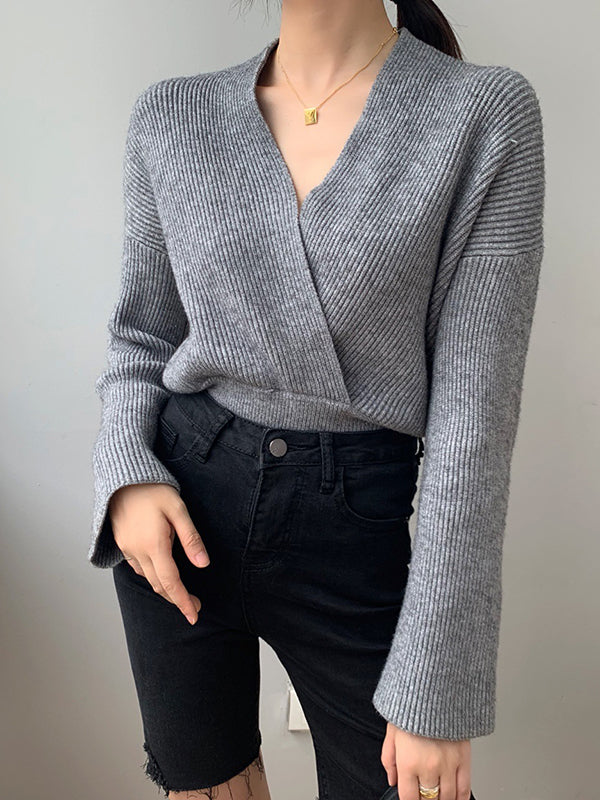 Asymmetric Solid Color Long Sleeves V-Neck Sweater Pullovers Knitwear