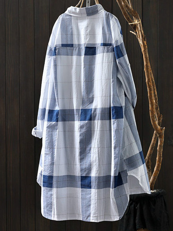 Contrast Color Plaid Sun Protection Long Sleeves Loose Lapel Collar Blouses&Shirts Tops
