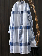 Contrast Color Plaid Sun Protection Long Sleeves Loose Lapel Collar Blouses&Shirts Tops