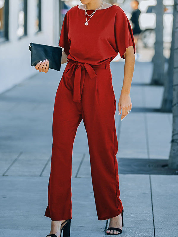 Ribbed Solid Color Loose Short Sleeves Round-neck Jumpsuits