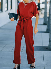 Ribbed Solid Color Loose Short Sleeves Round-neck Jumpsuits