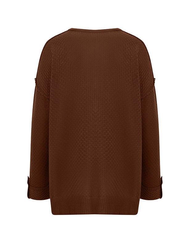 Buttoned Split-Side Long Sleeves Loose V-Neck Sweater Tops Pullovers