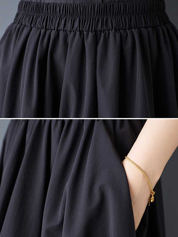 Asymmetric Elasticity Pleated Pockets Solid Color A-Line Loose Skirts Bottoms