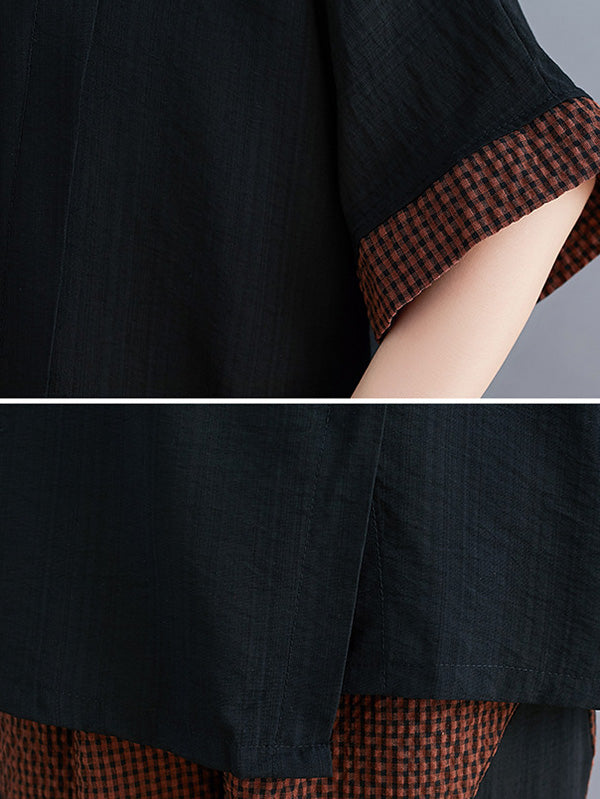Plaid Split-Joint Asymmetric T-Shirt&Pants Suits