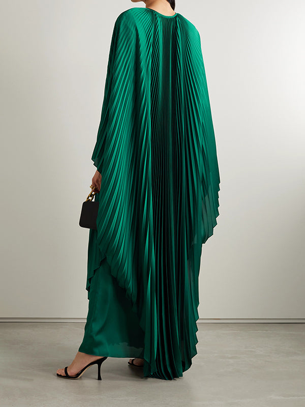 Batwing Sleeves Loose Pleated Solid Color Round-Neck Maxi Dresses