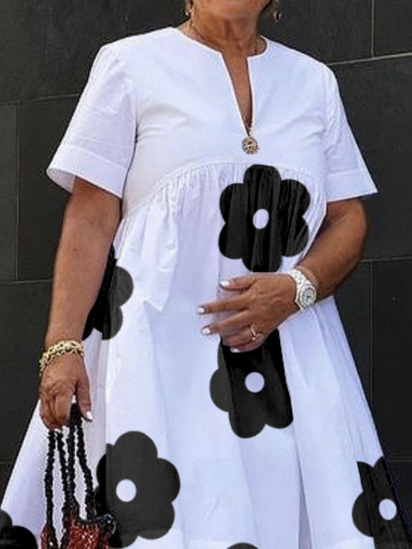 Flower Print Loose Short Sleeves V-Neck Midi Dresses