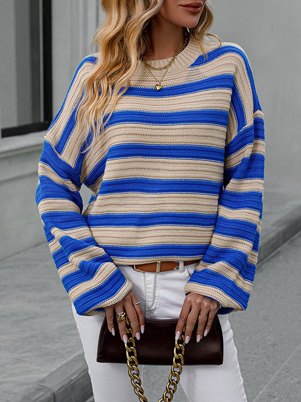 Striped Long Sleeves Loose Round-Neck Sweater Tops Pullovers