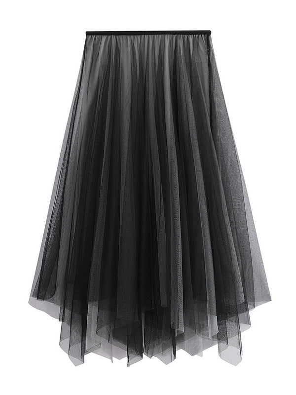 Original Simple Casual Irregular Solid Color Pleated Mesh Skirt