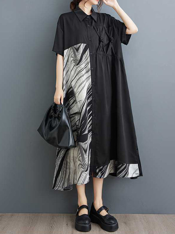 Asymmetric Buttoned Pockets Split-Joint A-Line Loose Lapel Shirt Dress Midi Dresses
