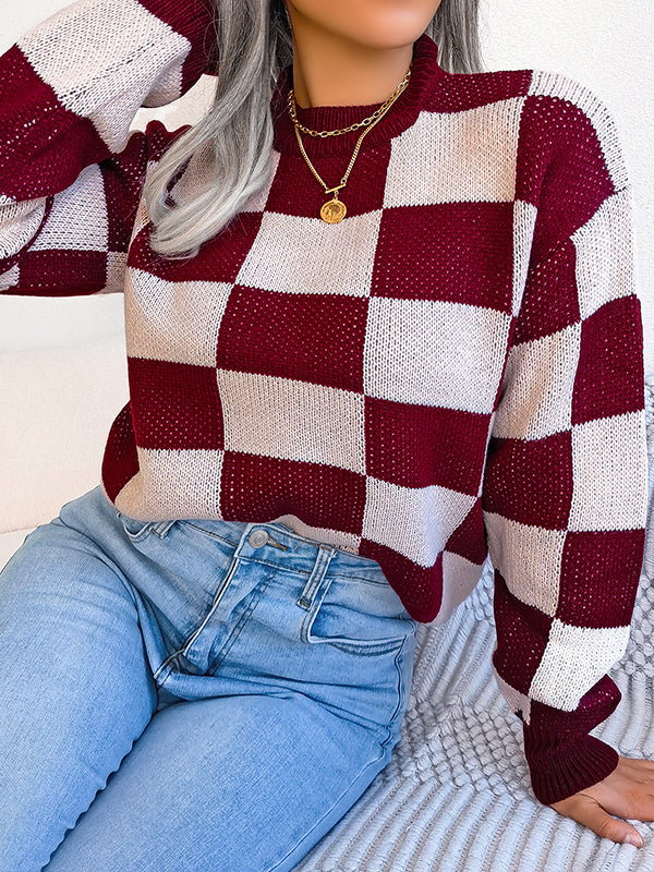 Contrast Color Plaid Long Sleeves Loose Round-Neck Sweater Tops