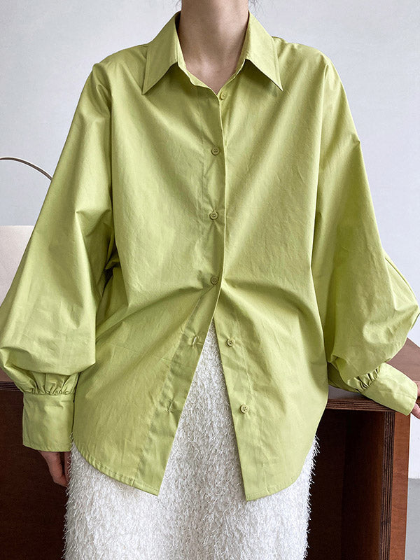 Buttoned Pleated Solid Color Long Sleeves Loose Lapel Blouses&Shirts Tops