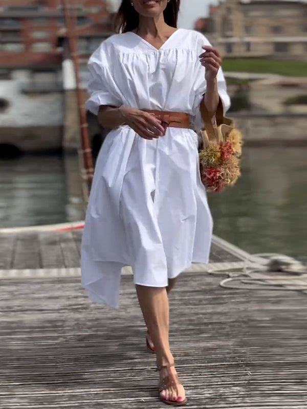 Solid Color Half Sleeves Loose V-Neck Midi Dresses