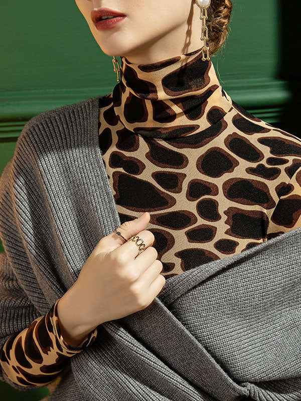 Leopard Long Sleeves Skinny High-neck T-Shirts Tops
