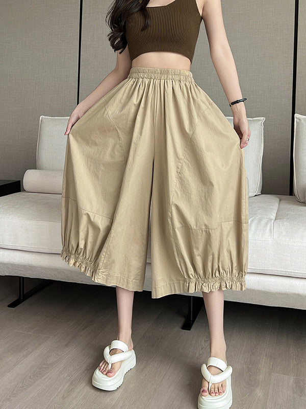 Elasticity Solid Color Split-Joint High Waisted Loose Trousers Pants Ninth Pants Knickerbockers