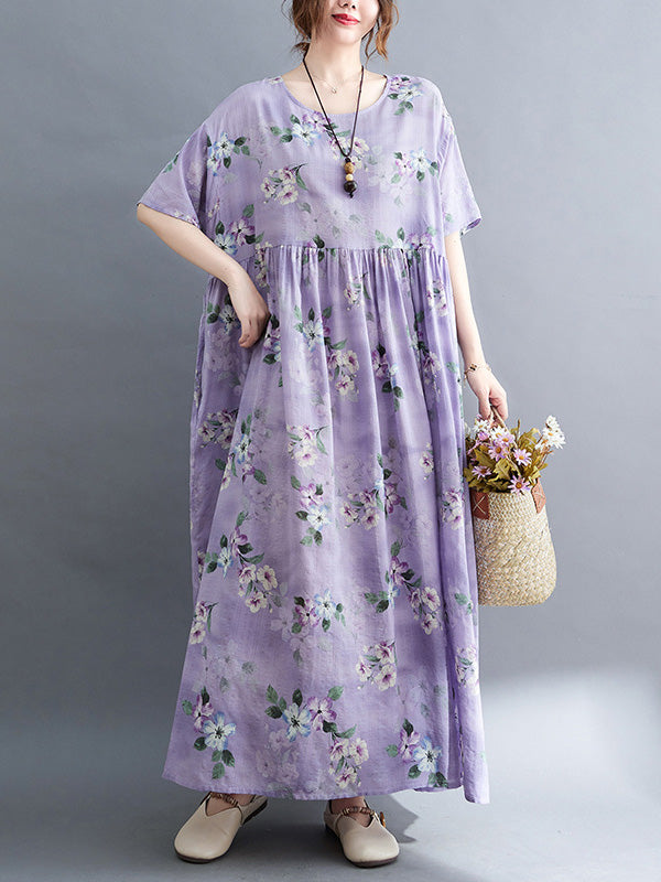 Vacation Short Sleeves Loose Floral Printed Round-Neck Midi Dresses