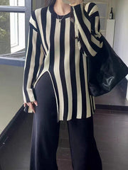 Round-Neck Long Sleeves Loose Pleated Split-Front Striped T-shirt Top + Pants Bottom Two Pieces Set