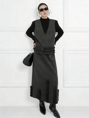 Contrast Color Ruffled Split-Joint V-Neck Vest Top + Elasticated Waist High Waisted Pleated Skirts Bottoms Two Pieces Set