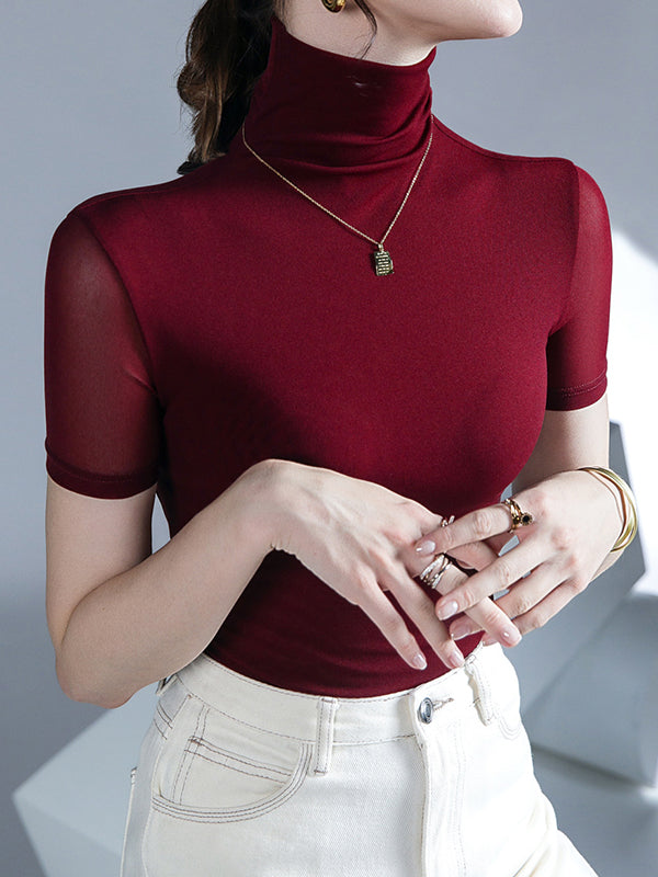 Solid Color Half Sleeves Skinny High Neck T-Shirts Tops