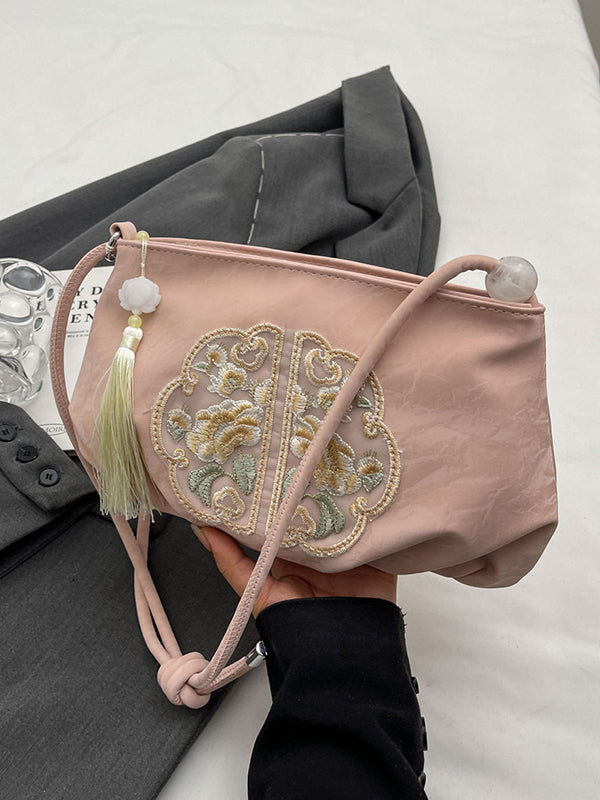 Embroidered Pleated Tasseled Zipper Crossbody Bags