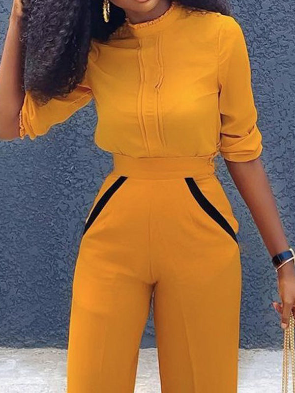 Solid Color Three-Quarter Sleeves Stand Collar T-Shirts Tops&Pants Bottoms Two Pieces Set