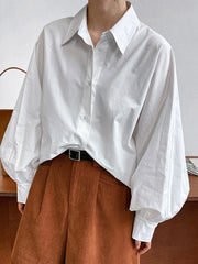 Buttoned Pleated Solid Color Long Sleeves Loose Lapel Blouses&Shirts Tops