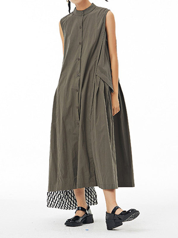 Pleated Solid Color Loose Sleeveless Stand Collar Shirt Dress Midi Dresses