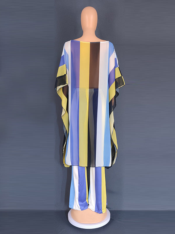 Contrast Color See-Through Split-Side Striped Batwing Sleeves Loose Two Pieces Set Pants Set