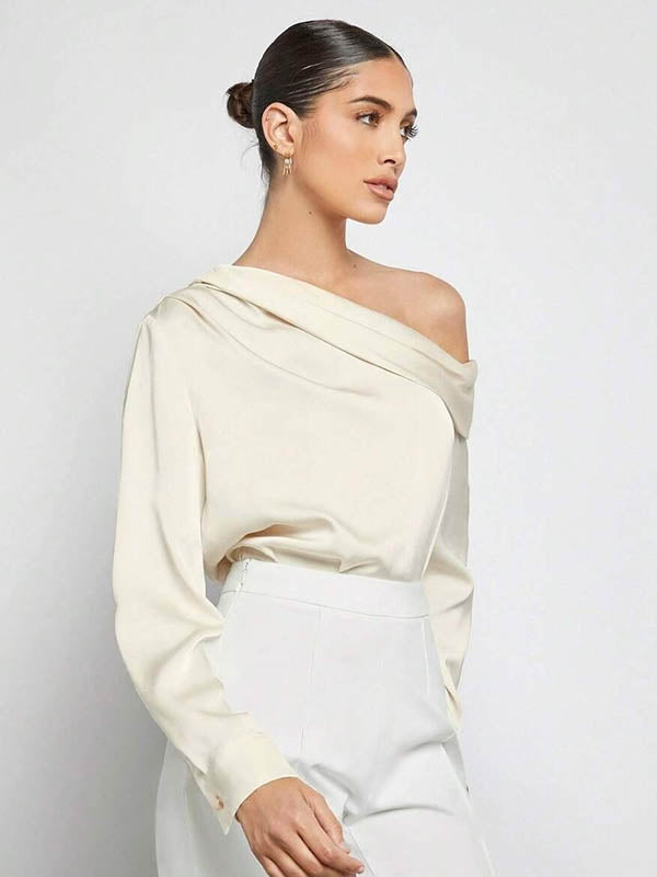 Pleated Solid Color Split-Joint Long Sleeves Skinny One-Shoulder Blouses&Shirts Tops