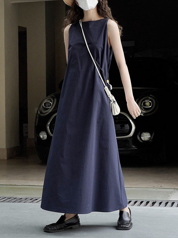 Solid Color Loose Sleeveless Round-Neck Midi Dresses