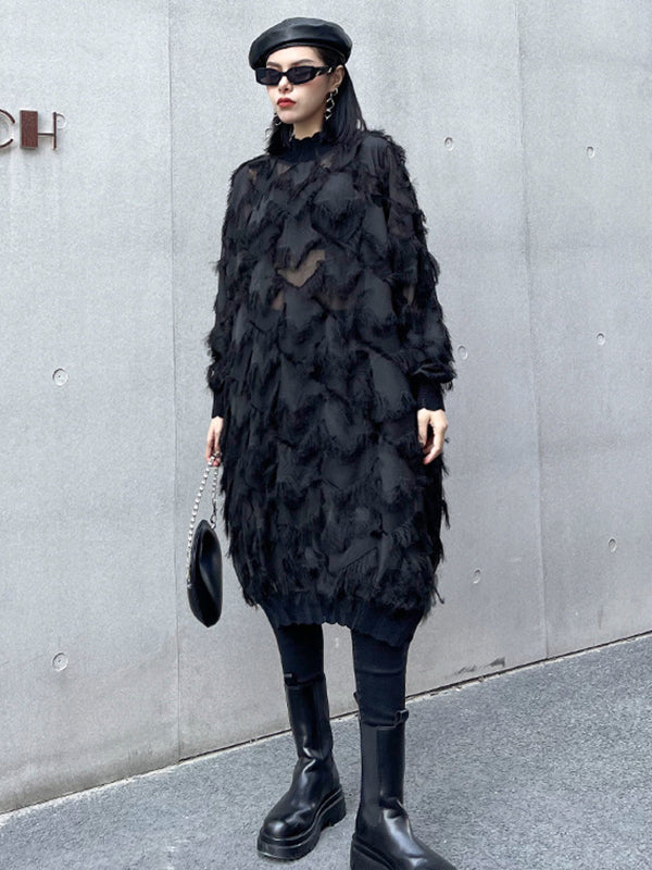 Asymmetric Mesh Pockets See-Through Solid Color Split-Joint Tasseled Irregularity Long Sleeves Stand Collar Midi Dresses