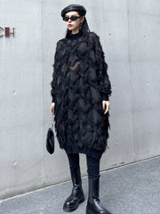Asymmetric Mesh Pockets See-Through Solid Color Split-Joint Tasseled Irregularity Long Sleeves Stand Collar Midi Dresses