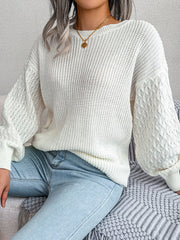 Cable Knit Solid Color Long Sleeves Loose Round-Neck Sweater Tops