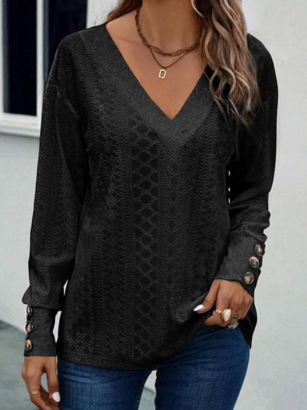 Buttoned Solid Color Long Sleeves Loose V-Neck T-Shirts Tops