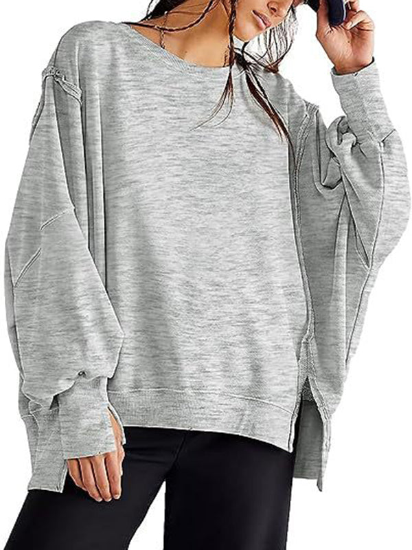 Fringed Solid Color Split-Joint Split-Side High-Low Long Sleeves Round-Neck Sweatershirt