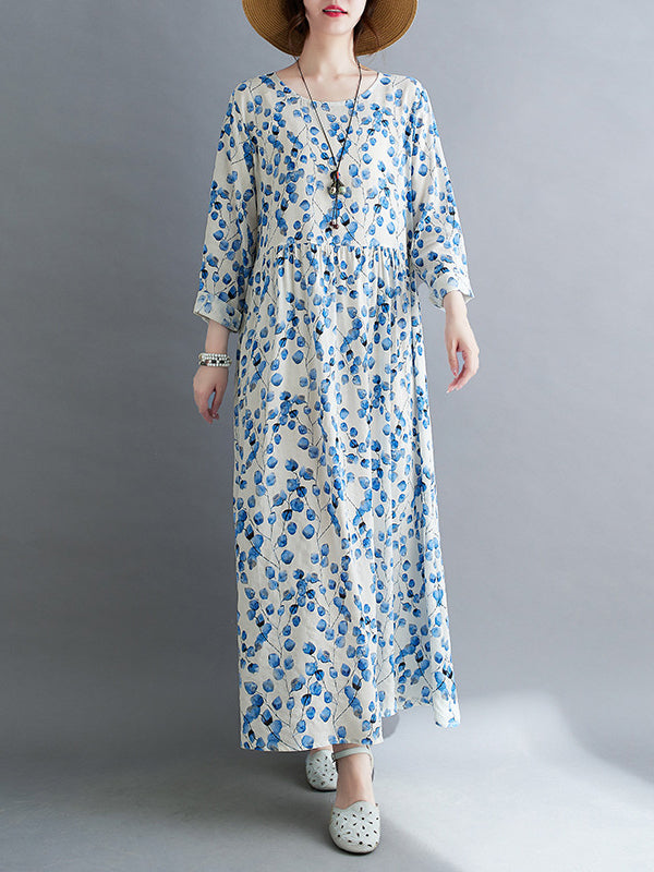 Flower Print Split-Joint Long Sleeves Loose Round-Neck Midi Dresses
