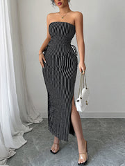 Contrast Color Sleeveless Striped Tube Top + Split-Side Drawstring Bodycon Skirts Bottom Two Pieces Set