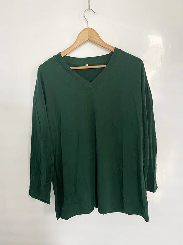 See-Through Solid Color Split-Joint Long Sleeves Loose V-neck T-shirts