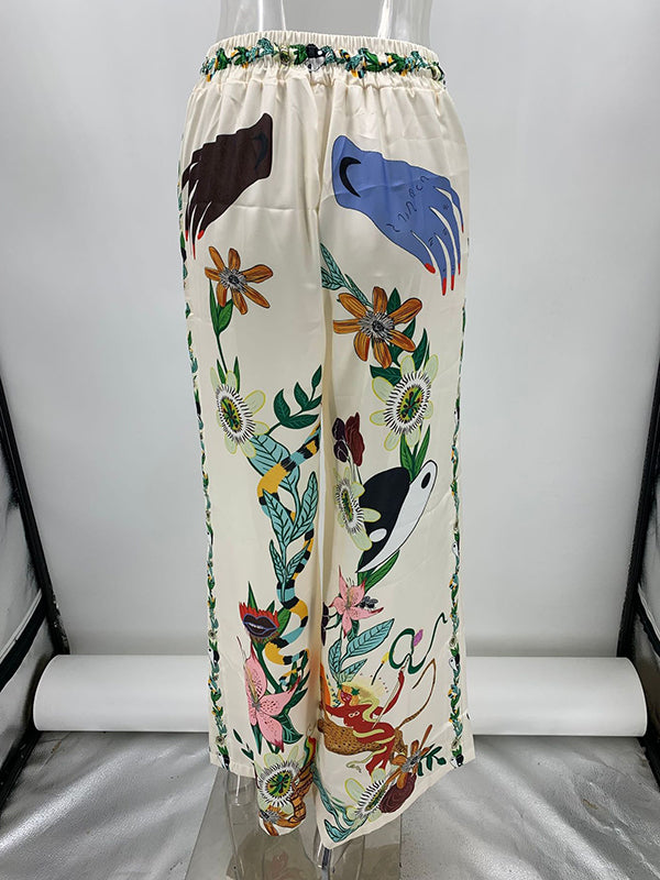 Loose Buttoned Half Sleeves Flower Print Pockets Lapel T-shirt Top + Drawstring Elasticity Pants Bottom Two Pieces Set