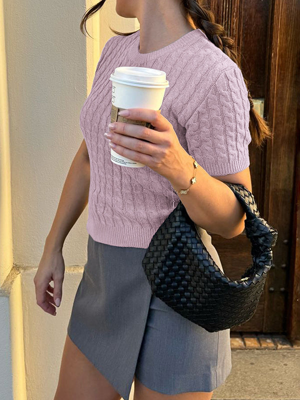 Solid Color Split-Joint Short Sleeves Round-neck Sweater Tops Pullovers