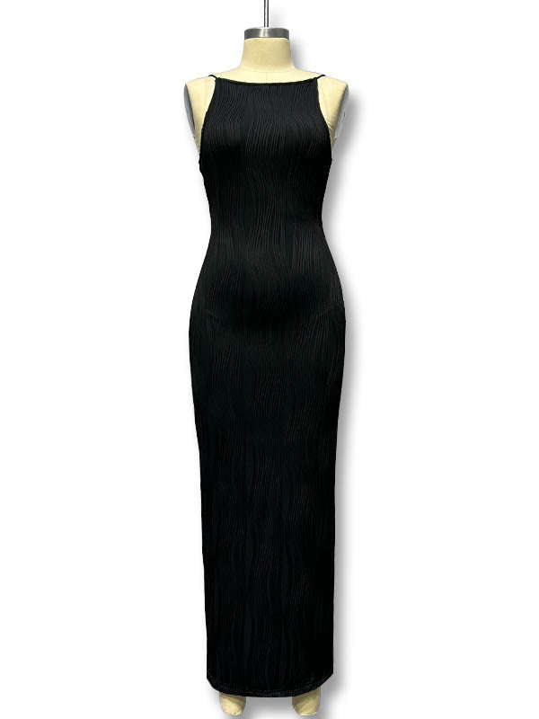 Pleated Solid Color Split-back Skinny Sleeveless Spaghetti-Neck Maxi Dresses