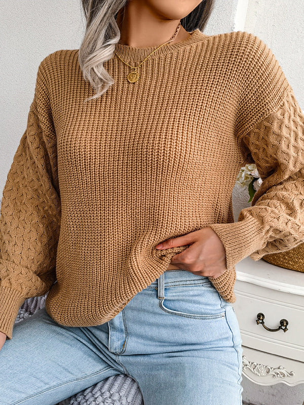 Cable Knit Solid Color Long Sleeves Loose Round-Neck Sweater Tops