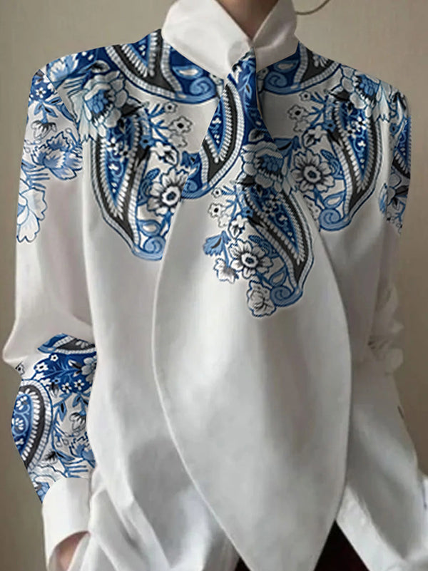 Flower Print Split-Joint Long Sleeves Loose Stand Collar Blouses&Shirts Tops