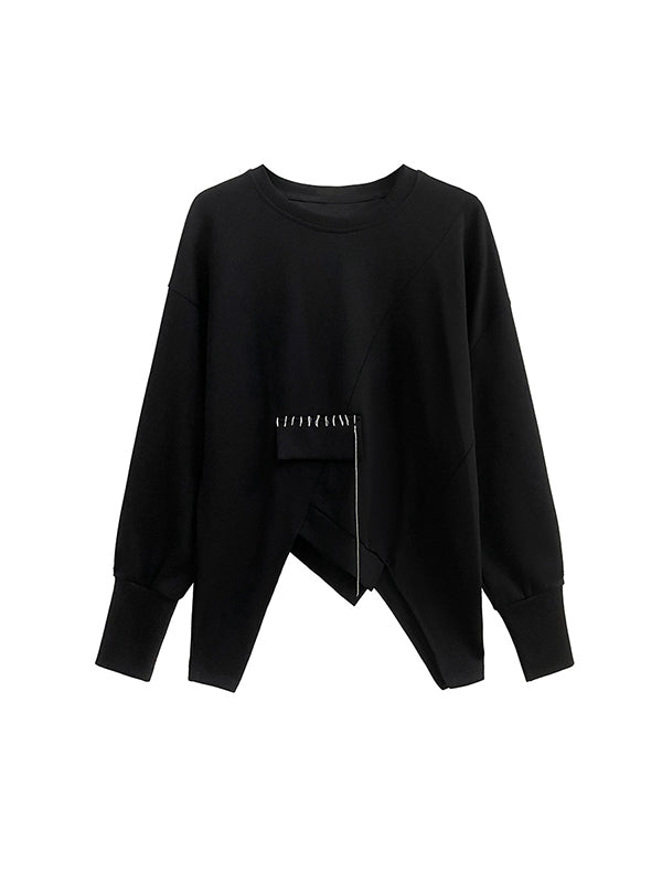 Asymmetric Long Sleeves Loose Round-Neck Sweatshirt Tops